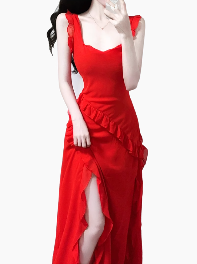 2025 summer new red irregular sexy ruffled seaside holiday dress R0980