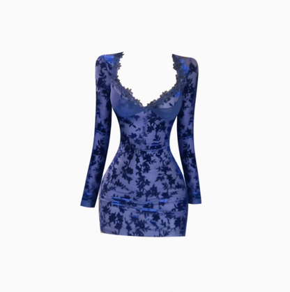 Sexy hot girl lace splicing dress 2025 flocking waist hip evening dress R1333