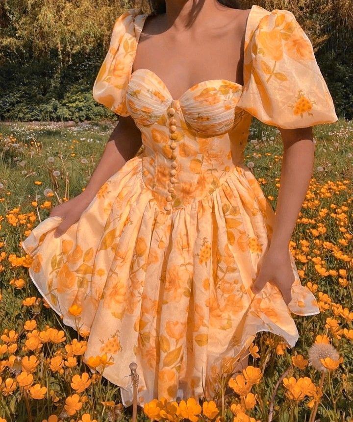 Bright yellow floral bubble sleeve bandeau fluffy skirt homecoming dress R2502