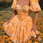 Bright yellow floral bubble sleeve bandeau fluffy skirt homecoming dress R2502