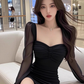 French mesh splicing square neck dress for women pure desire style slim hip short skirt R3386