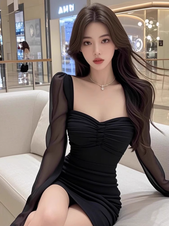French mesh splicing square neck dress for women pure desire style slim hip short skirt R3386