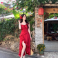 Large size French three-dimensional rose suspender dress high-end slim fit slit holiday dress R1847