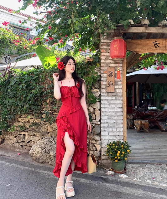 Large size French three-dimensional rose suspender dress high-end slim fit slit holiday dress R1847