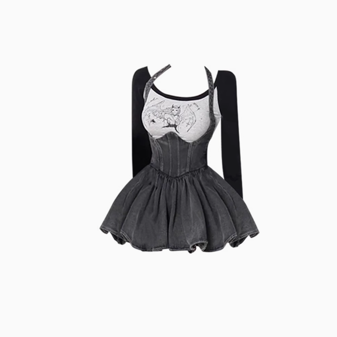 Sweet and spicy style long-sleeved color-blocked top 2025 waist denim halter neck tutu skirt suit R1334