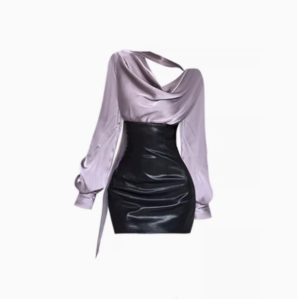 Royal sister style swaying collar long-sleeved dress 2025 workplace fake two-piece short skirt R1042