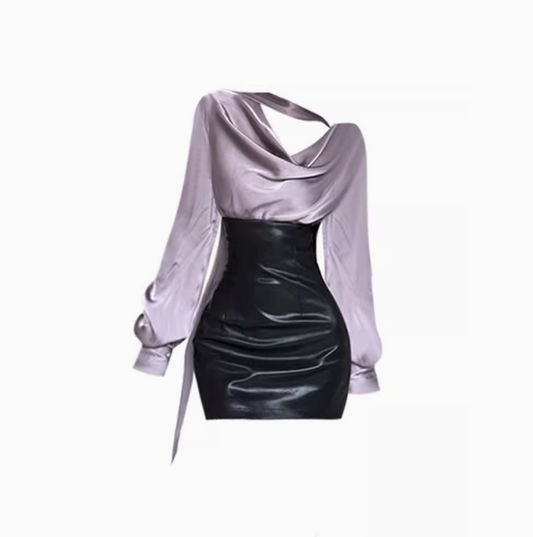 Royal sister style swaying collar long-sleeved dress 2025 workplace fake two-piece short skirt R1042