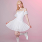 White Moonlight Pleated Tie Waist Off-Shoulder Puff Sleeve Dress R5253
