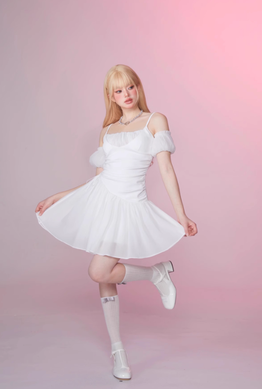 White Moonlight Pleated Tie Waist Off-Shoulder Puff Sleeve Dress R5253