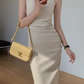 Square neck pleated slim waist suspenders long short hip-wrapped slit dress R1481