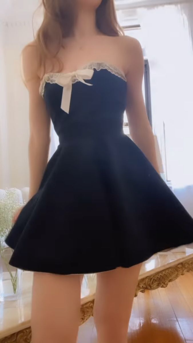 Black tube neckline lace trim A-line slim homecoming dress R2453