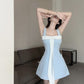 Light blue suspenders waist slimming A-line short skirt homecoming dress R3373
