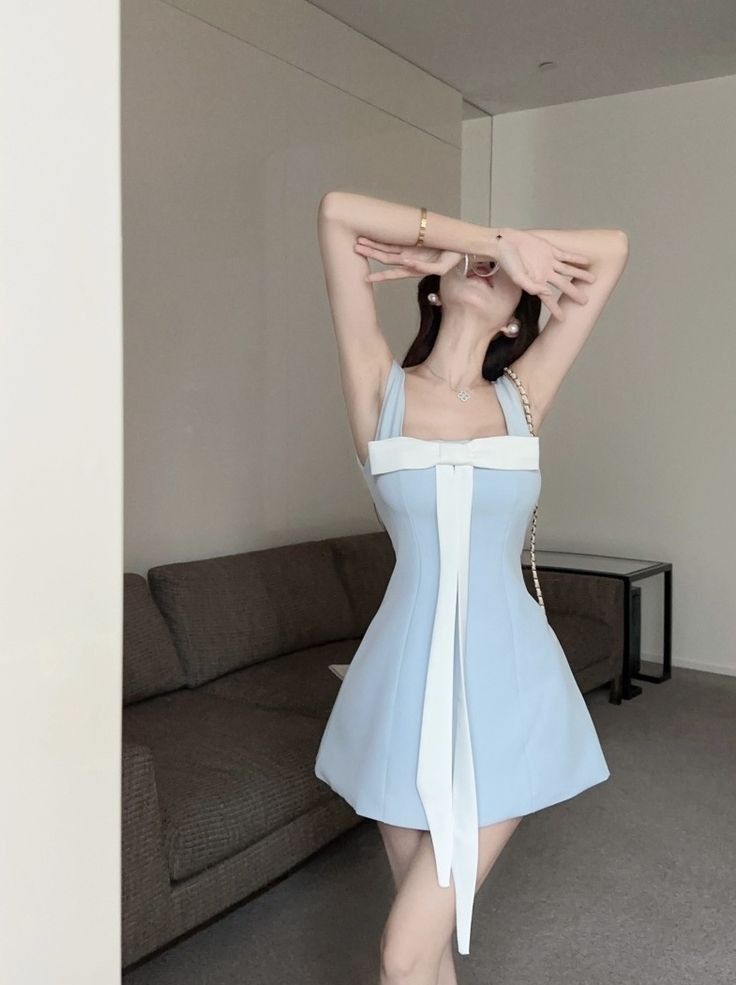 Light blue suspenders waist slimming A-line short skirt homecoming dress R3373