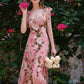 Pink suspenders waist slim print long skirt homecoming dress R3261