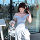 Blue v-neck small flying sleeve t-shirt pleated skirt suit summer French style loose two-piece suit R4913