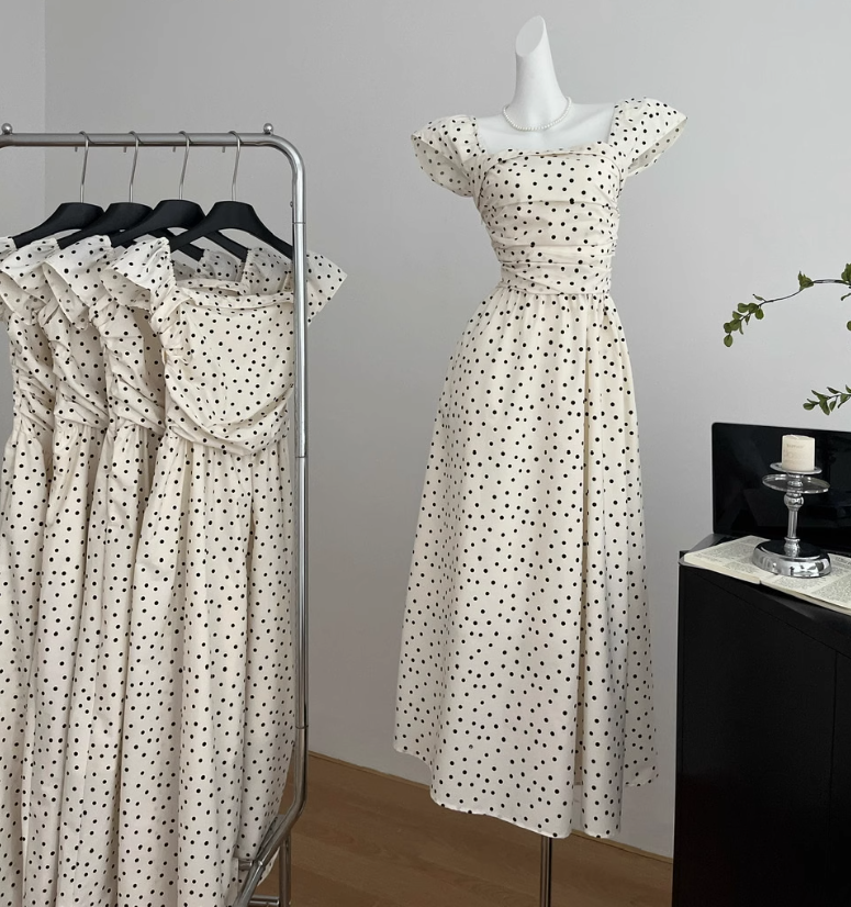 French style small flying sleeve polka dot dress temperament slim long skirt design R2052