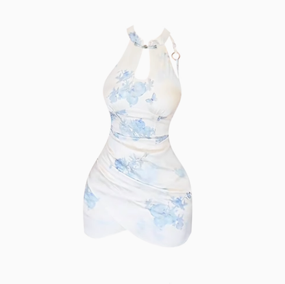 New Chinese style sleeveless halter neck cheongsam skirt 2025 backless waist hip short skirt R1220