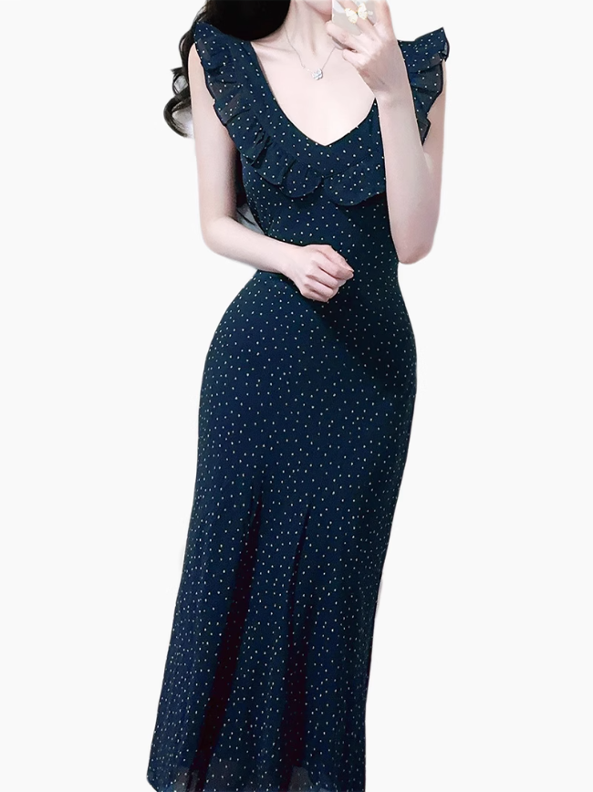 2025 Summer New Black Polka Dot Ruffled Small Flying Sleeve Midi Dress R0962