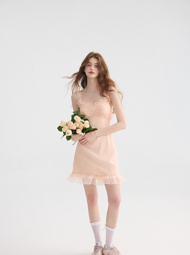 French dress holiday style suspender skirt ruffled pink short skirt R2761