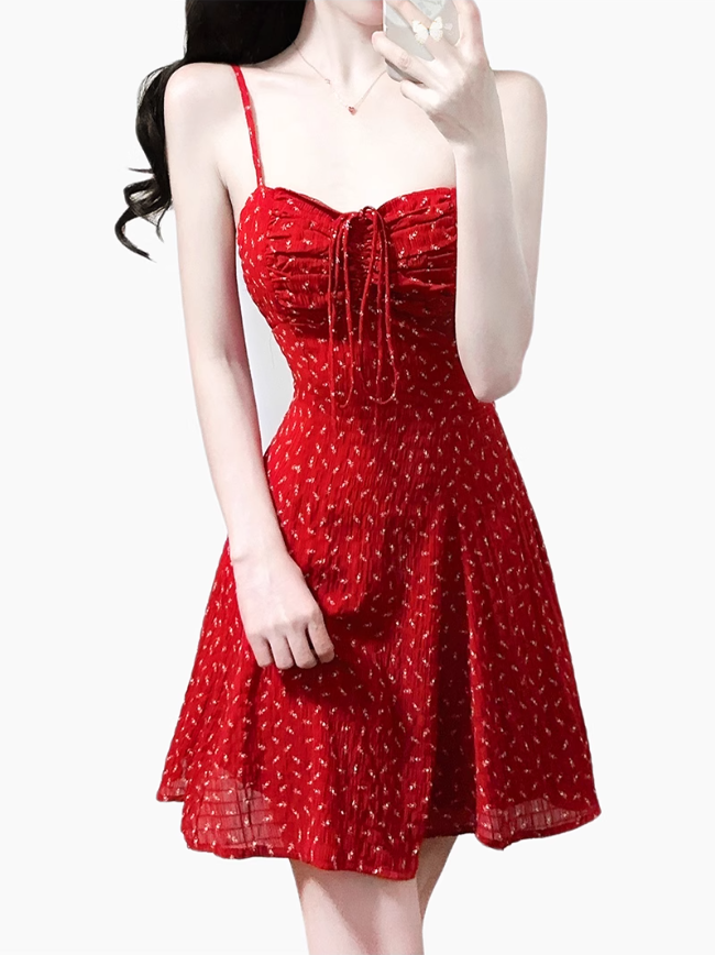 2025 Summer New Red Floral A-line Small Waist Suspender Dress R0911