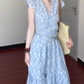 Blue v-neck floral dress with small flying sleeves, beautiful waist A-line beach dress R0781