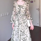 Green floral long-sleeved dress gentle temperament waist A-line long skirt R0707