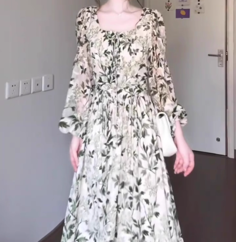 Green floral long-sleeved dress gentle temperament waist A-line long skirt R0707