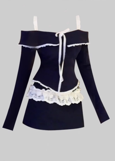 Pure desire design one shoulder short top 2025 lace patchwork skirt suit R1372