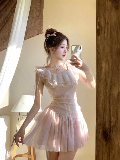 Pink fairy dress waist French tulle irregular princess skirt female summer R3906