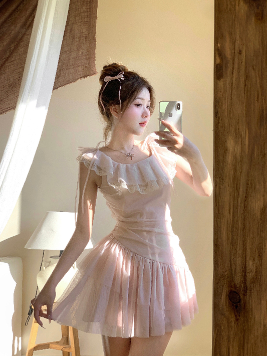 Pink fairy dress waist French tulle irregular princess skirt female summer R3906