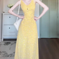 V-neck sleeveless yellow floral dress 2025 new waist long skirt R0804