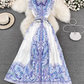 Retro palace style goddess style single-breasted lapel print dress elegant A-line long skirt R0361