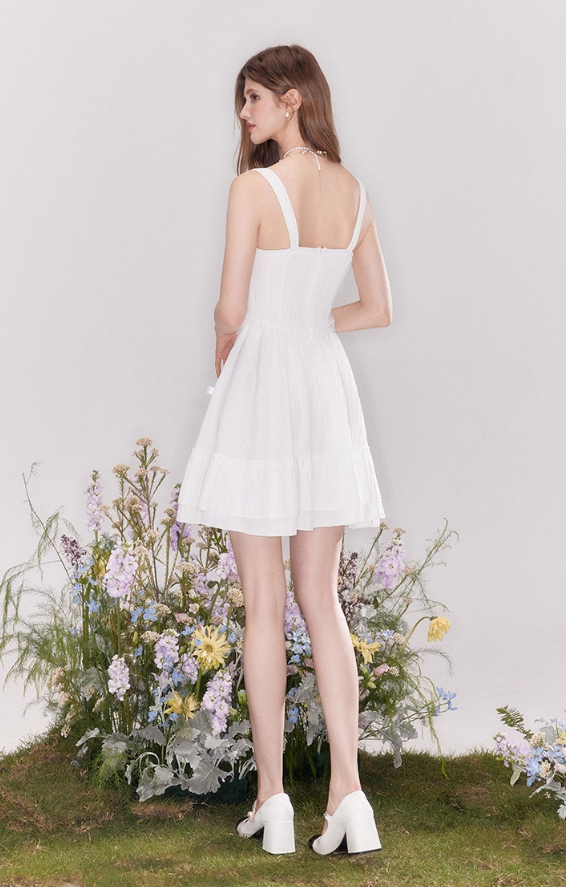 Girls slim texture tea break vacation white bow dress summer R4544