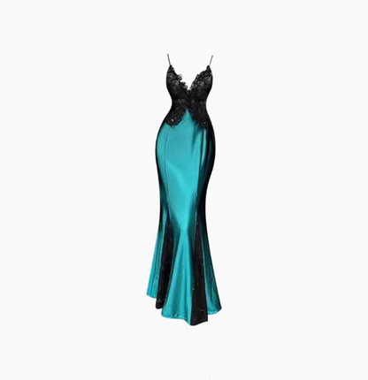 High-grade sequined lace satin dress 2025 plus size evening dress suspender skirt R1116