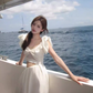 Super fairy long skirt with small flying sleeves white waist-baring dress holiday beach skirt R1607