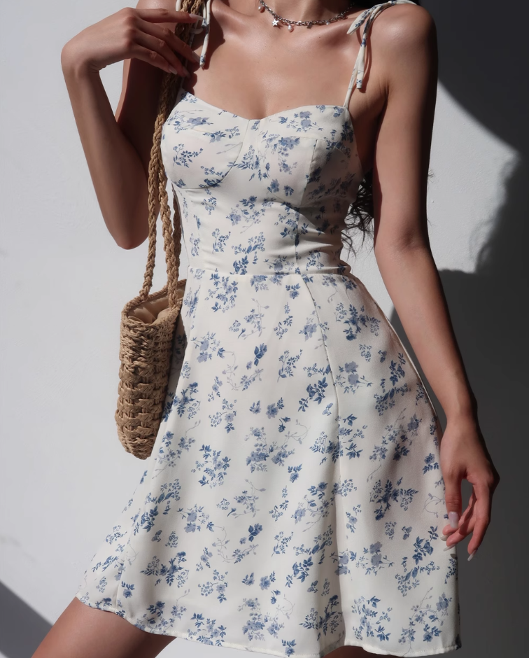 French retro girl fresh floral suspender skirt slim fit waist short skirt R2809