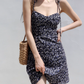 French retro slim fit navy blue floral dress waist suspender dress short skirt R2816