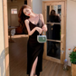 High-grade satin sexy V-neck dress 2025 new French slit irregular suspender skirt R1554