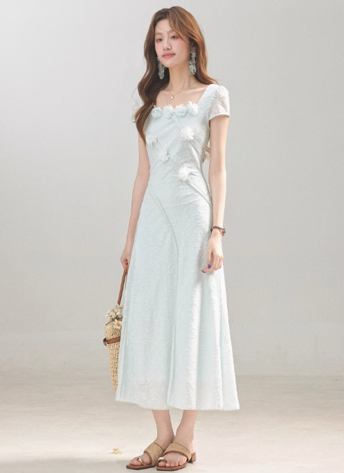 Summer new style elegant high-grade blue dress square collar waist long skirt R1898