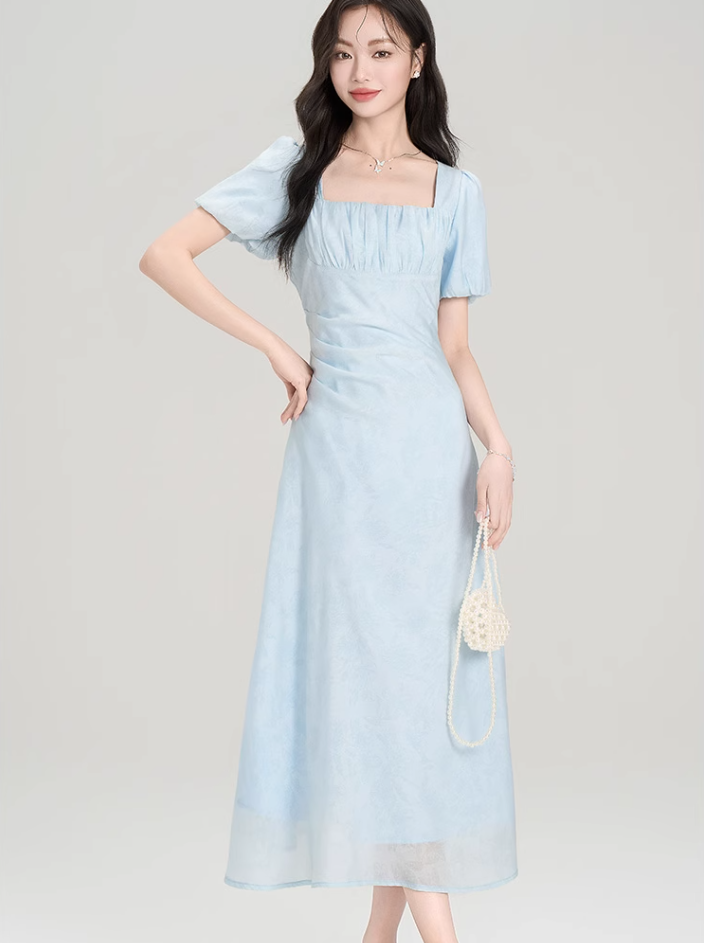 Tea break French style square neck puff sleeve dress new style chic sweet waist skirt R2376