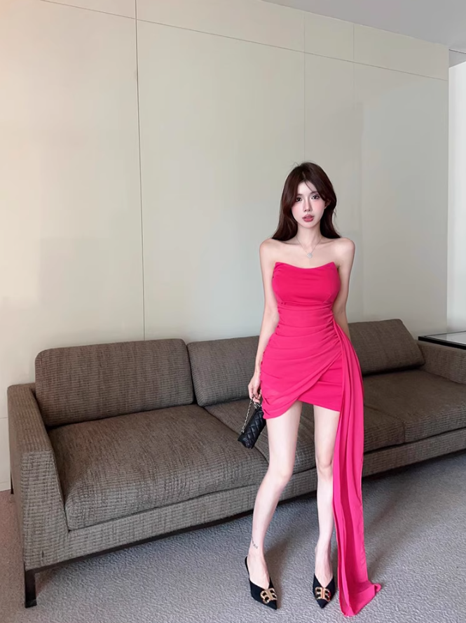 One-shoulder tube top dress niche design ribbon slim hip-hugging small gift skirt R0560