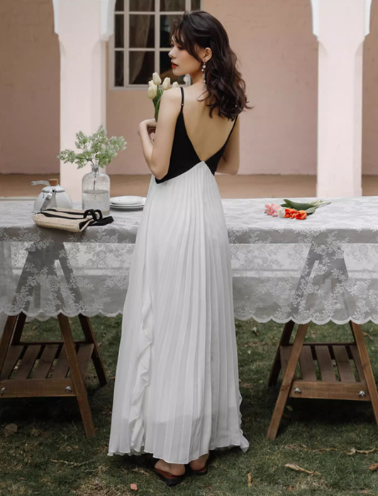French black and white stitching suspender backless dress pleated skirt ruffled fairy long skirt R1591