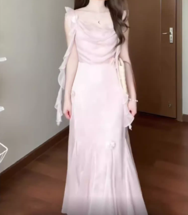 Pink small flying sleeve dress beautiful fairy dress medium length R0700