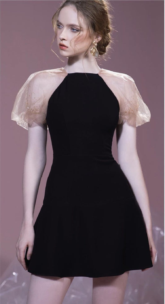 Black short skirt with transparent sleeves, slim waist and A-line short skirt for homecoming dress R4090