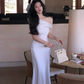 Elegant Bodycon Satin Long Dress Women Off Shoulder Solid French Mermaid Wedding Evening Party Gown     S5395
