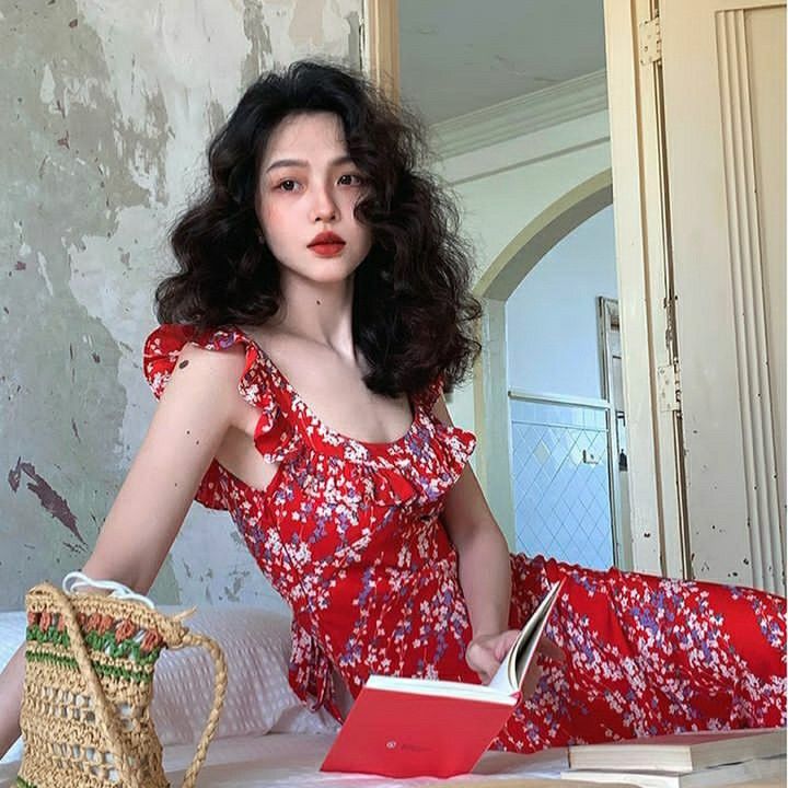 Retro red floral waist slim fit long skirt homecoming dress R3430