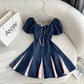 Navy blue puff sleeves waist slim fit A-line she'ji short skirt homecoming dress R3925