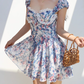 Retro countryside blue floral print dress lace one shoulder vacation skirt R2869
