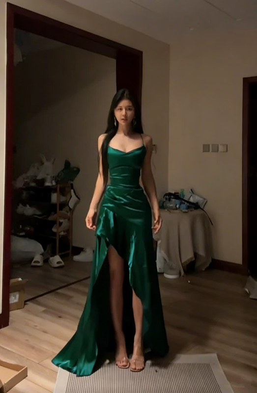 Dark blue halter-neck fitted waist slim slit sexy long ball gown R8069