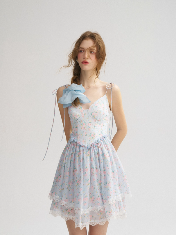 French blue skirt sweet floral suspender skirt holiday style ear-shaped short dress for women R3522